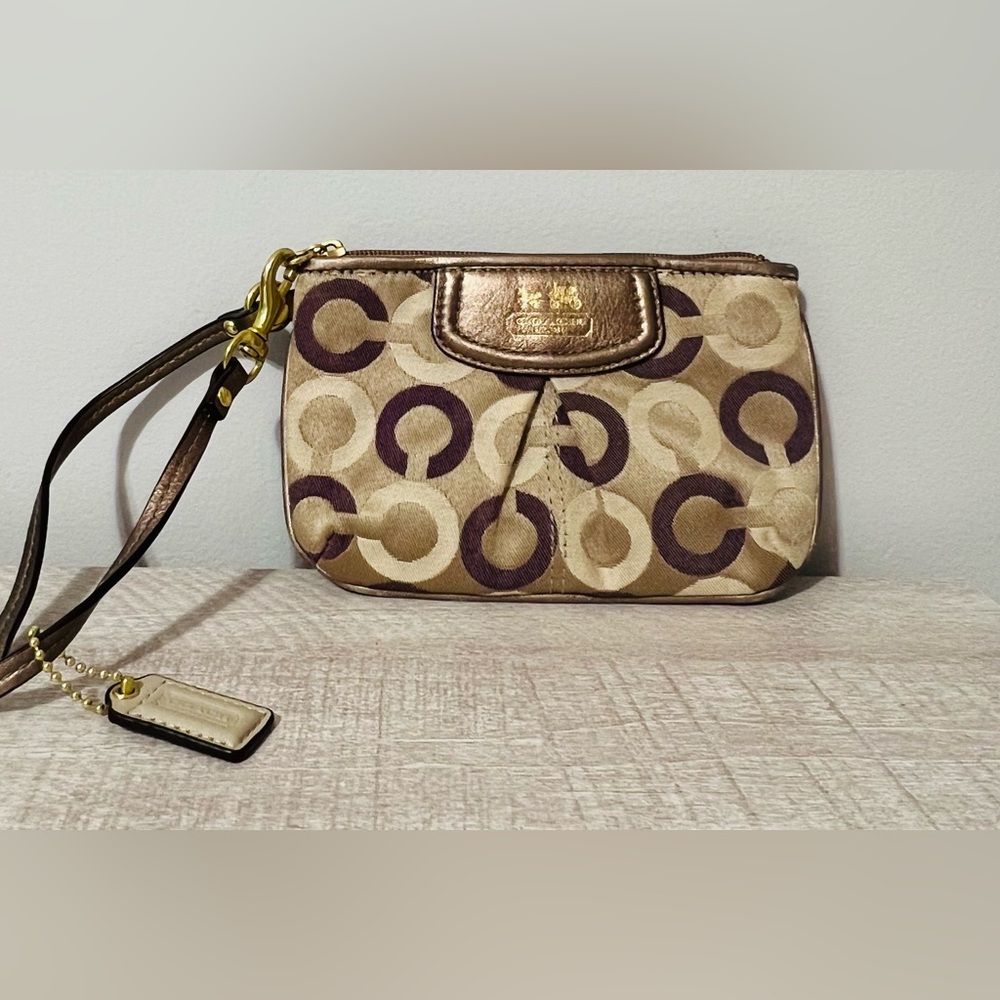 Vintage Coach Beige/Gold and Brown Wristlet with Deep Purple Interior | Like New